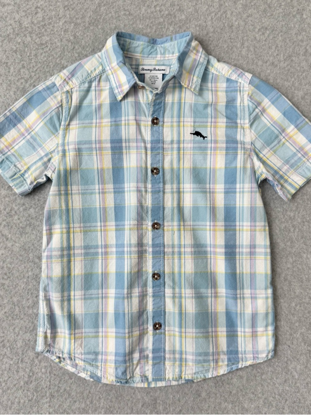 Tommy Bahama Shirt Boys M 7/8 Blue Plaid Button Front Short Sleeve Preppy READ